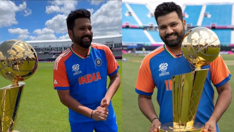 T20 विश्वचषक ट्रॉफी पाहून Rohit Sharma च्या चेहऱ्यावर आनंद, VIDEO व्हायरल