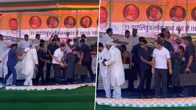 Stage Collapses in Pataliputra: बिहार मध्ये Rahul Gandhi यांच्या सभेत मंच खचला; Misa Bharti यांनी हात देत सावरले (Watch Video)