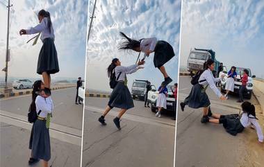 Two School Girls Perform Stunt On Road: दोन शाळेतल्या मुली रिल्ससाठी रस्त्यावर करत होत्या स्टंट; पहा पुढे काय झाले (Watch Video)