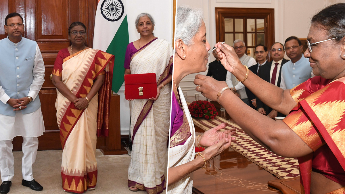 President Murmu Serves Dahi-cheeni to Nirmala Sitharaman: अर्थसंकल्प सादर करण्यापूर्वी राष्ट्रपती द्रौपदी मुर्मू यांनी निर्मला सीतारामन यांना खाऊ घातली दही-साखर (Watch Video)